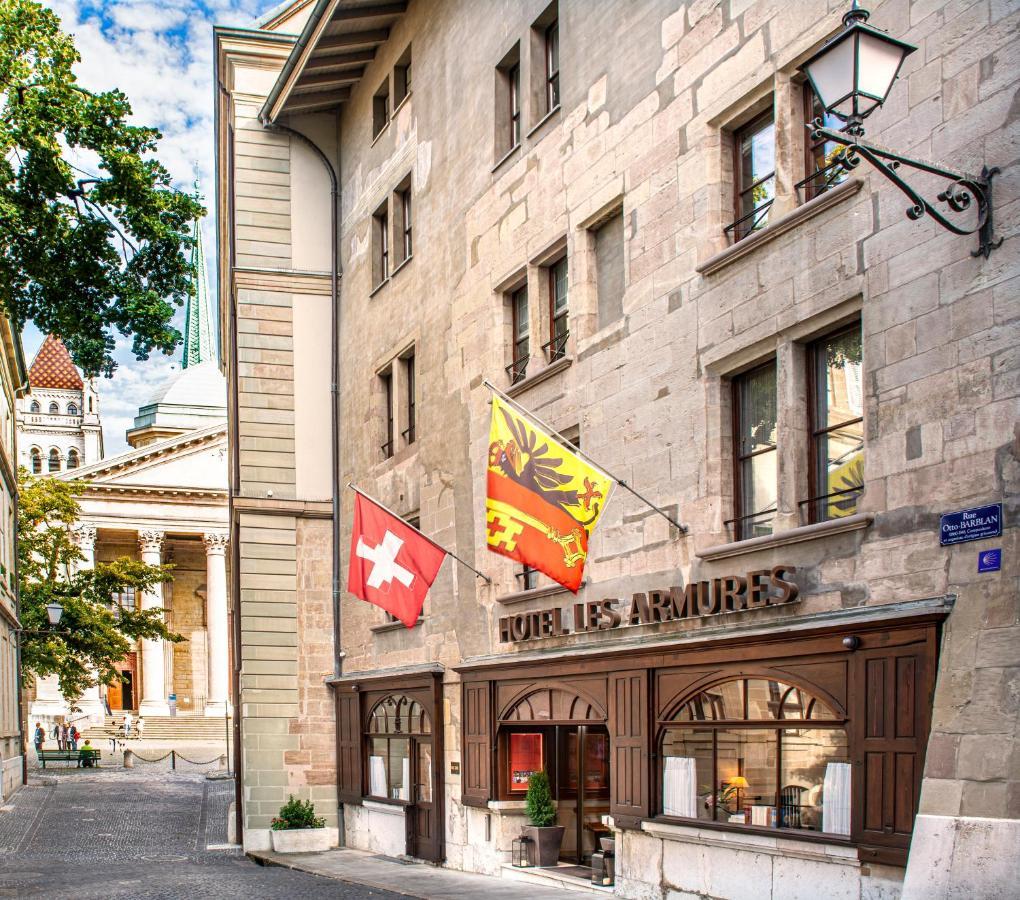 Hotel Les Armures Geneva Exterior photo The flag of the Swiss canton of Basel-Stadt (left) and the flag of the Swiss Confederation (right)